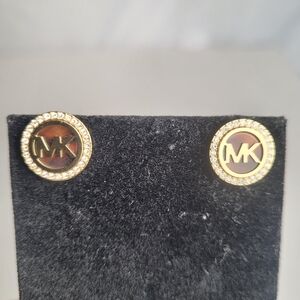 Michael Kors MK Logo Crystal Gold Tone Stud Earrings Faux Tortoiseshell